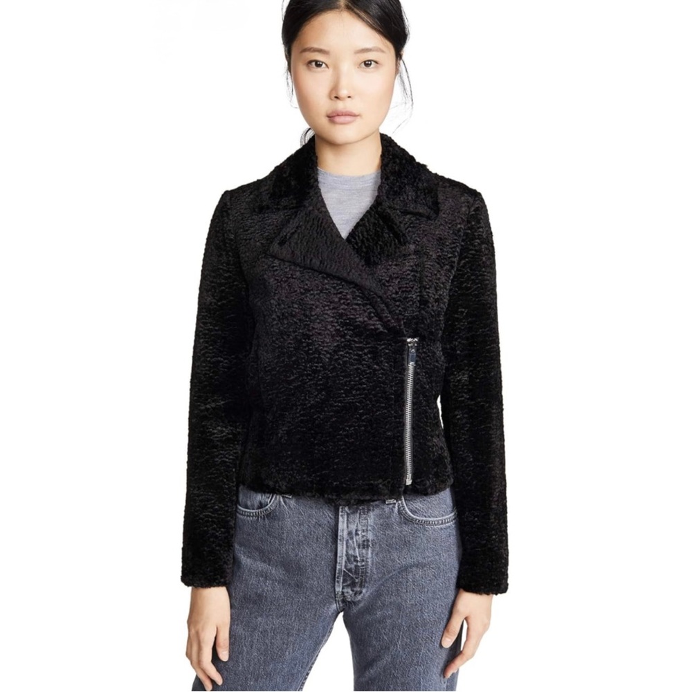 Theory Slim Moto B Embossed Faux Fur Crop Biker Jacket in Black | Sz 0